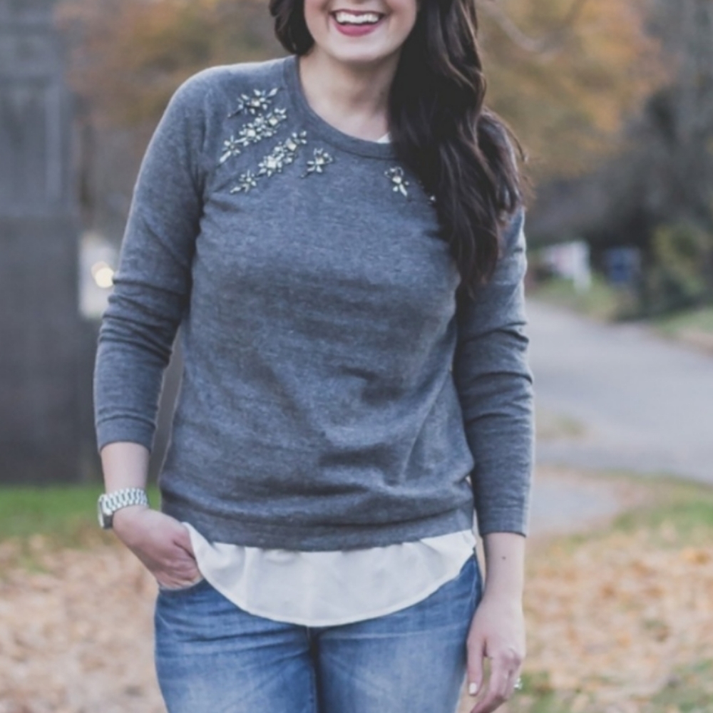 Ann Taylor Jewel Embellished Sweater in Charcoal